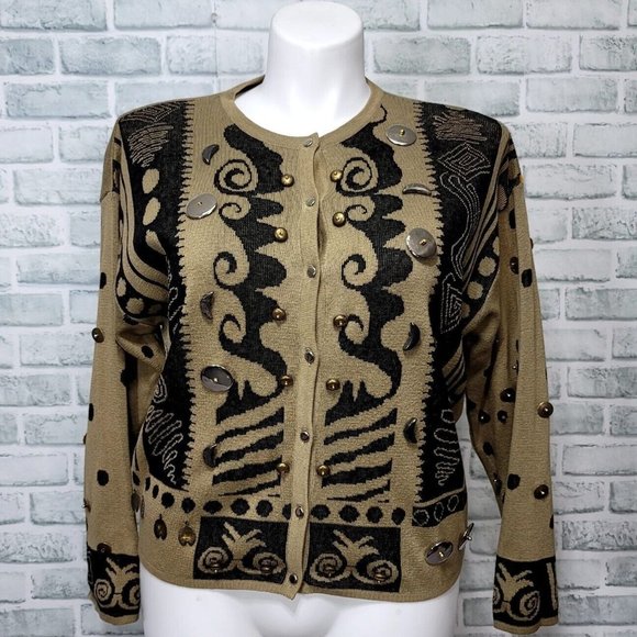 Vintage Miss Deanna Pour Toi Womens‎ L Abstract Embellished Knit Cardigan - Picture 1 of 13